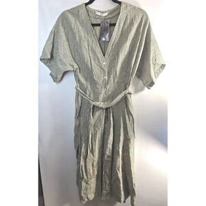 New Tags MNG Basics Striped Midi Dress XS 2 Olive Green Linen Blend Button Front